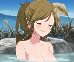 Rule 34 | 1girl, animated, animated gif, blush, breasts, brown hair, cleavage, closed eyes, collarbone, completely nude, inuyama aoi, large breasts, lowres, nude, partially submerged, sidelocks, thick eyebrows, water, wet, yurucamp