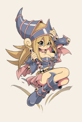 Rule 34 | 1girl, arm up, blonde hair, blue eyes, blush, blush stickers, boots, breasts, cleavage, closed mouth, dark magician girl, eyes visible through hair, fingernails, floating, grey background, hair between eyes, hand on headwear, hat, highres, holding, holding wand, long hair, shiny skin, simple background, solo, wand, yu-gi-oh!, yuta agc