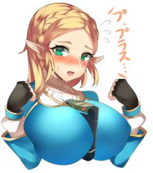Rule 34 | 1girl, alternate breast size, between breasts, blonde hair, blouse, blue shirt, blush, braid, breast expansion, breasts, cropped torso, crown braid, fingerless gloves, gloves, green eyes, highres, huge breasts, looking at viewer, nintendo, open mouth, parted bangs, pointy ears, princess zelda, sheikah slate, shirt, simple background, solo, surprised, sweatdrop, tagme, the legend of zelda, the legend of zelda: breath of the wild, tiamat (momokuri mannen), wavy mouth, white background