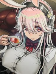 Rule 34 | 1girl, animal ears, blush, bow, breasts, closed mouth, cup, hair between eyes, headphones, highres, holding, holding cup, large breasts, long hair, looking at viewer, nitroplus, pink eyes, pink hair, rabbit ears, smile, solo, super sonico, tea, teacup, tsuji santa