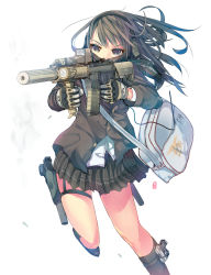 Rule 34 | 1girl, aiming, assault rifle, bag, blue eyes, brown hair, casing ejection, daito, ear protection, finger on trigger, firing, glock, gloves, gun, hairband, handgun, highres, holster, kneehighs, left-handed, long hair, m249fvs (suppressor), m4 carbine, omamori, original, pistol, plaid, plaid scarf, pleated skirt, rifle, scarf, scarf over mouth, school bag, school uniform, shell casing, simple background, skirt, smoke, socks, solo, suppressor, thigh holster, vertical forward grip, weapon, white background