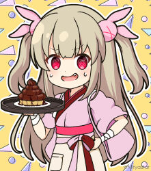 Rule 34 | &gt; &lt;, 1girl, :d, @ @, apron, bandaged arm, bandages, blush, brown apron, chibi, commentary request, fang, food, food request, hair ornament, hand on own hip, highres, holding, holding tray, japanese clothes, kimono, light brown hair, long hair, looking at viewer, mitya, natori sana, open mouth, outline, pink kimono, rabbit hair ornament, red eyes, sana channel, short sleeves, smile, solo, sweat, tasuki, tray, twitter username, two side up, very long hair, virtual youtuber, waist apron, white outline, yellow background