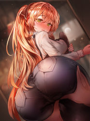 Rule 34 | 1girl, apron, ass, ass grab, bent over, blurry, blurry background, blush, brown apron, brown hair, deep skin, denim, dutch angle, girls&#039; frontline, green eyes, hair between eyes, hair ribbon, high ponytail, highres, holding, holding tray, huge ass, jeans, long hair, looking at viewer, looking back, male hand, nose blush, open mouth, pants, ribbon, shirt, springfield (girls&#039; frontline), suru (ksoo420), sweat, tray, very long hair, white shirt