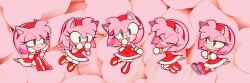 Rule 34 | 1girl, amy rose, animal ears, animal nose, bad link, blush, boots, chibi, closed eyes, closed mouth, dress, furry, furry female, gloves, green eyes, hairband, merry bongbong, multiple views, open mouth, pink theme, red dress, red footwear, red hairband, sitting, smile, sonic (series), tail, white gloves