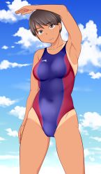 Rule 34 | 1girl, arm at side, arm over head, armpits, blue sky, breasts, brown eyes, brown hair, cloud, competition swimsuit, groin, highleg, looking at viewer, medium breasts, one-piece swimsuit, original, short hair, sky, smile, solo, standing, swimsuit, tan, tanaka rikimaru, tanline, thighs