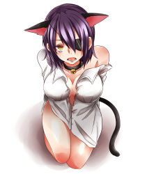 Rule 34 | 10s, 1girl, adapted costume, animal ears, arms behind back, blouse, bottomless, breasts, cat ears, cat tail, eyepatch, hairband, highres, kantai collection, kemonomimi mode, large breasts, looking at viewer, open clothes, open shirt, purple hair, restrained, seiza, shirt, short hair, silco, silco (maiko1129), sitting, slit pupils, solo, tail, tenryuu (kancolle), white shirt, yellow eyes