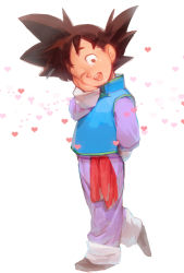 Rule 34 | 1boy, black eyes, black hair, blue shirt, dragon ball, dragonball z, hand on own cheek, hand on own face, heart, highres, leg up, looking at viewer, male focus, one eye closed, open mouth, pants, purple pants, shirt, solo, son goten, spiked hair, supobi