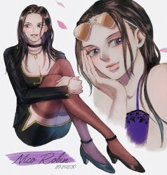 Rule 34 | 1girl, bad id, bad twitter id, black dress, black hair, blue eyes, character name, choker, dated, dress, eyewear on head, full body, hand on own cheek, hand on own face, high heels, jewelry, long hair, looking to the side, multiple views, necklace, nico robin, one piece, petals, short dress, sidelocks, simple background, sitting, sleep humubo, smile, thighhighs, white background