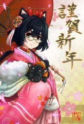 Rule 34 | 1girl, 2018, animal ears, black hair, blush, bow, brown eyes, chinese zodiac, closed mouth, collar, dog, dog ears, eltnage, floral background, floral print, from side, glasses, green-framed eyewear, hair between eyes, hair bow, hair ornament, head tilt, holding, holding umbrella, japanese clothes, kanzashi, kimono, long hair, looking at viewer, low ponytail, new year, oil-paper umbrella, original, paw print, petals, red bow, smile, solo, tongue, tongue out, umbrella, year of the dog