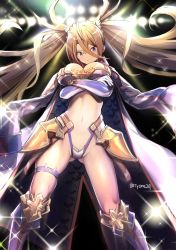 Rule 34 | 1girl, armor, bikini, boots, bradamante (fate), bradamante (third ascension) (fate), braid, breasts, cleavage, coat, crossed arms, crown braid, elbow gloves, fate/grand order, fate (series), faulds, frown, gloves, highres, jacket, jacket on shoulders, large breasts, long hair, midriff, navel, parted bangs, skindentation, solo, stage lights, swimsuit, twintails, twitter username, tyone, very long hair