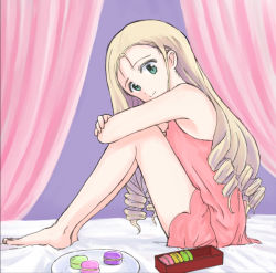 Rule 34 | 1girl, barefoot, blonde hair, closed mouth, commentary, curtains, drill hair, food, from side, girls und panzer, green eyes, leaning forward, hugging own legs, long hair, looking at viewer, macaron, marie (girls und panzer), mutsu (layergreen), on bed, pajamas, pink shirt, pink shorts, plate, shirt, short shorts, shorts, sitting, sleeveless, sleeveless shirt, smile, solo