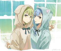 Rule 34 | 2girls, animal ear hood, arm around shoulder, bang dream!, bang dream! it&#039;s mygo!!!!!, black ribbon, blue hair, blue hoodie, brown hoodie, chinese commentary, closed mouth, commentary request, expressionless, fake animal ears, green hair, highres, hood, hoodie, long hair, long sleeves, multiple girls, neck ribbon, parted lips, ribbon, togawa sakiko, upper body, wakaba mutsumi, window, yellow eyes, yui k (yuik48074789)