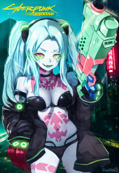 Rule 34 | 1girl, alternate breast size, artificial eye, black bra, black jacket, black panties, bra, breasts, colored sclera, colored skin, copyright name, cyberpunk, cyberpunk (series), cyberpunk edgerunners, cyborg, english text, finger on trigger, green hair, gun, highres, holding, holding gun, holding weapon, jacket, leg tattoo, mechanical eye, mechanical hands, neck tattoo, oversized forearms, oversized limbs, panties, petite, pink tattoo, rebecca (cyberpunk), red eyes, red pupils, red sclera, samurai jacket (cyberpunk), shotgun, solo, stomach tattoo, tattoo, tobarana, twintails, underwear, weapon, white skin