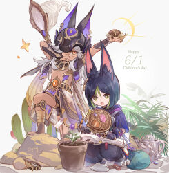Rule 34 | 2boys, aged down, animal ear fluff, animal ears, animal hood, arabian clothes, asymmetrical sleeves, blunt ends, butterfly net, cactus, cape, child, csyday, cyno (genshin impact), flower, fox boy, fox ears, fox tail, genshin impact, green eyes, green hair, green tail, grey hair, hand net, headpiece, hood, jackal ears, leaf, multicolored hair, multiple boys, one eye covered, open mouth, red eyes, rock, scarab, simple background, star (symbol), streaked hair, tail, tan, tighnari (genshin impact), trowel, watering can, white background
