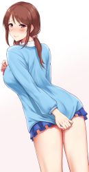 Rule 34 | 1girl, absurdres, blue skirt, blue sweater, breasts, brown eyes, brown hair, clothes tug, commentary, covering privates, covering ass, embarrassed, from behind, hair bobbles, hair ornament, hand on own chest, highres, idolmaster, idolmaster cinderella girls, kusahagane, leaning forward, light frown, long hair, long sleeves, looking at viewer, looking back, low twintails, medium breasts, mifune miyu, miniskirt, skirt, solo, standing, sweater, sweater tug, swept bangs, thighs, twintails