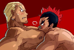 Rule 34 | 2boys, 329, bad id, bad pixiv id, bara, between pecs, between pectorals, blonde hair, blush, completely nude, couple, dark-skinned male, dark skin, eye contact, forked eyebrows, from side, gamagoori ira, head between pecs, hug, kill la kill, kinagase tsumugu, large pectorals, looking at another, male focus, mohawk, multicolored hair, multiple boys, muscular, muscular male, nipples, nude, pectorals, short hair, sideburns, thick eyebrows, two-tone hair, upper body, yaoi