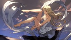 Rule 34 | 1girl, bare legs, bare shoulders, barefoot, blonde hair, breasts, brown eyes, cleavage, dress, feet, full body, highres, lee hyeseung, long hair, looking at viewer, medium hair, original, own hands together, sky, solo, strapless, strapless dress, white dress