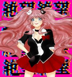 Rule 34 | 1girl, @ @, bear hair ornament, black shirt, blonde hair, blouse, blush, bow, bowtie, bra, breasts, choker, cleavage, collar, collarbone, collared shirt, danganronpa: trigger happy havoc, danganronpa (series), enoshima junko, eyelashes, glitch, grey eyes, hair ornament, hands on own hips, highres, large breasts, long hair, looking at viewer, necktie, pink background, pink hair, pink lips, pleated skirt, red bow, red skirt, shirt, simple background, skirt, smile, twintails, underwear