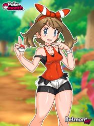 Rule 34 | 1girl, absurdres, belmont, breasts, creatures (company), facing viewer, feet out of frame, game freak, highres, legs, looking at viewer, may (pokemon), nintendo, outdoors, pokemon, shorts, small breasts, smile, solo, standing, wide hips