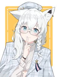 Rule 34 | 1girl, absurdres, ahoge, animal ear fluff, animal ears, beret, blouse, blue nails, blush, border, braid, commentary request, donkoni, earrings, finger to mouth, fox ears, fox girl, glasses, green eyes, hair between eyes, hat, highres, hololive, index finger raised, jacket, jewelry, looking at viewer, nail polish, plaid, plaid headwear, plaid jacket, shirakami fubuki, shirt, side braid, smile, solo, virtual youtuber, watch, white hair, white shirt, wristwatch