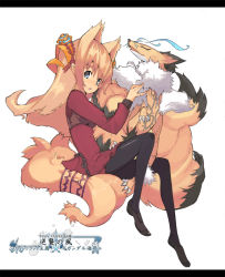 Rule 34 | 1girl, animal ears, bad id, bad pixiv id, black pantyhose, blue eyes, burikigya, claws, dress, female focus, fox, fox ears, fox tail, full body, letterboxed, loafers, long hair, multiple tails, orange hair, pantyhose, pixiv fantasia, pixiv fantasia 3, sandarumi, shoes, simple background, solo, tail, tattoo, white background