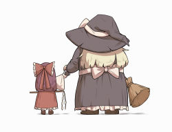 Rule 34 | 2girls, absurdres, back bow, black dress, blonde hair, bow, broom, brown footwear, dress, facing away, food, frilled bow, frills, from behind, full body, giving food, gohei, hair bow, hakama, hakurei reimu, hakurei reimu (pc-98), hand up, hat, highres, holding, holding broom, holding stick, japanese clothes, kirisame marisa, long hair, multiple girls, onigiri, petticoat, purple hair, red bow, red hakama, royl, simple background, size difference, standing, stick, touhou, touhou (pc-98), white background, white bow, wide sleeves, witch hat