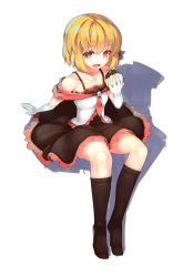 Rule 34 | 1girl, absurdres, alternate costume, black dress, black socks, blonde hair, collarbone, dress, fang, food, full body, gloves, hair ribbon, highres, kneehighs, looking at viewer, neetsr, open mouth, red eyes, ribbon, rumia, shadow, short hair, simple background, sitting, socks, solo, touhou, white background, white gloves