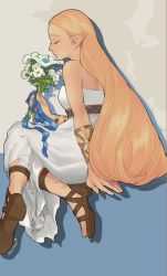 Rule 34 | 1girl, bare shoulders, blonde hair, blue background, blue ribbon, brown background, closed eyes, closed mouth, dress, flower, from side, highres, holding, holding flower, invisible chair, ivy (sena0119), long hair, nintendo, official alternate costume, pointy ears, princess zelda, ribbon, sitting, solo, the legend of zelda, the legend of zelda: breath of the wild, white dress, white flower