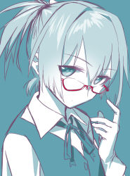 Rule 34 | 10s, 1girl, bespectacled, blew andwhite, glasses, gloves, hair ornament, kantai collection, looking at viewer, neck ribbon, ponytail, red-framed eyewear, ribbon, school uniform, shiranui (kancolle), short hair, short sleeves, simple background, solo, spot color