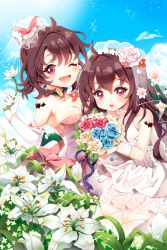 Rule 34 | 2girls, ;d, bad id, bad pixiv id, bare shoulders, bouquet, breasts, brown hair, choker, cleavage, day, dress, elbow gloves, flower, gloves, lily (flower), long hair, multiple girls, one eye closed, open mouth, pink eyes, rion flina, shirley (shirl2), short hair, sion flina, sky, small breasts, smile, sword girls, tattoo, veil, wedding dress