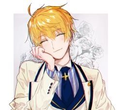 Rule 34 | 1boy, ^ ^, ahoge, arthur pendragon (fate), arthur pendragon (white rose) (fate), blonde hair, blue necktie, closed eyes, closed mouth, collared shirt, commentary request, fate/grand order, fate/prototype, fate/prototype: fragments of blue and silver, fate (series), floral background, flower, formal, hair between eyes, hand on own cheek, hand on own face, head rest, jacket, light blush, long sleeves, looking at viewer, male focus, multicolored background, necktie, official alternate costume, rose background, shirt, short hair, smile, solo, striped clothes, striped shirt, suit, tie clip, two-tone background, upper body, vertical-striped clothes, vertical-striped shirt, waistcoat, white jacket, white suit, y-san (yyyknk)