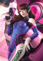 Rule 34 | 1girl, acronym, against object, animal print, blue bodysuit, bodysuit, bracer, brown hair, character name, charm (object), clothes writing, cowboy shot, d.va (overwatch), facepaint, facial mark, finger on trigger, gun, handgun, headphones, high collar, holding, holding gun, holding weapon, lips, long hair, looking at viewer, mecha, meka (overwatch), nose, open mouth, overwatch, overwatch 1, pilot suit, pink lips, pistol, rabbit print, realistic, ribbed bodysuit, robot, shoulder pads, signature, skin tight, smile, solo, swept bangs, teeth, upper teeth only, weapon, whisker markings, yin yuming