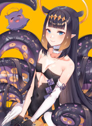 Rule 34 | 1girl, absurdres, animal ears, artist request, black gloves, black hair, blue eyes, blush, breasts, choker, cleavage, clothing cutout, creature, detached sleeves, feathered wings, fur collar, fur trim, gloves, halo, highres, hololive, hololive english, long hair, looking at viewer, low wings, mole, mole under eye, multicolored hair, ninomae ina&#039;nis, pointy ears, simple background, single detached sleeve, small breasts, stomach cutout, takodachi (ninomae ina&#039;nis), tentacle hair, tentacles, virtual youtuber, wings