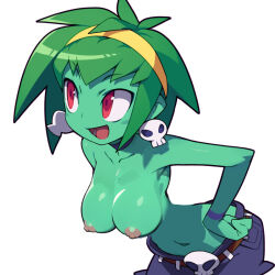 Rule 34 | 1girl, ahoge, artist request, bare shoulders, blue shorts, breasts, colored skin, earrings, green hair, green skin, hairband, hand on own hip, jewelry, medium breasts, navel, non-web source, nude filter, open mouth, red eyes, rottytops, shantae (series), short hair, shorts, simple background, skull belt, skull earrings, solo, third-party edit, topless, torn clothes, torn shorts, white background, yellow hairband, zombie