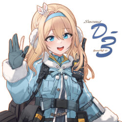 1girl :d aningay blue_eyes blue_gloves blue_hairband blue_jacket character_name commentary girls&#039;_frontline_2:_exilium gloves hair_between_eyes hair_ornament hairband highres jacket long_hair long_sleeves looking_at_viewer open_hand open_mouth partially_fingerless_gloves sidelocks simple_background smile snowflake_hair_ornament solo suomi_(girls&#039;_frontline) teeth upper_body upper_teeth_only white_background