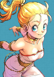Rule 34 | 1girl, absurdres, aqua background, aqua eyes, bangle, bare shoulders, blonde hair, blurry, blurry background, bracelet, breasts, chain, chrono trigger, cleavage, collarbone, gold chain, gold choker, hair pulled back, hair tie, highres, jewelry, long hair, looking at viewer, marle (chrono trigger), medium breasts, pants, ponytail, shirt, signature, smile, solo, strapless, strapless shirt, strikebeagle, white pants, white romper