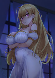 Rule 34 | 1girl, :&lt;, bare shoulders, blonde hair, blurry, blurry background, blush, breast hold, breasts, cleavage, closed mouth, collarbone, covered navel, cowboy shot, crossed arms, curtains, depth of field, detached sleeves, dress, indoors, large breasts, long hair, looking at viewer, night, nijisanji, pink eyes, puffy short sleeves, puffy sleeves, short sleeves, sky, solo, star (sky), starry sky, strapless, strapless dress, takamiya rion, takamiya rion (2nd costume), try (lsc), v-shaped eyebrows, very long hair, virtual youtuber, white dress, window