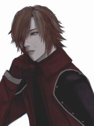 Rule 34 | armor, black shirt, blood, blood on face, bloody tears, blue eyes, brown hair, clenched hand, coat, crisis core final fantasy vii, d8j0j, elbow rest, expressionless, final fantasy, final fantasy vii, genesis rhapsodos, gloves, hair over one eye, hand on own chin, head on hand, high collar, highres, injury, looking to the side, parted lips, pauldrons, red coat, red gloves, shirt, short hair, shoulder armor, white background