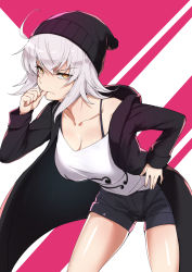 Rule 34 | 1girl, absurdres, bad id, bad pixiv id, beanie, biting, black hat, black hoodie, black shorts, breasts, brown eyes, camisole, cleavage, collarbone, commentary request, fate/apocrypha, fate/grand order, fate (series), hair between eyes, hand on own hip, hat, highres, hood, hood down, hoodie, jeanne d&#039;arc (fate), jeanne d&#039;arc alter (avenger) (fate), jeanne d&#039;arc alter (fate), large breasts, leaning forward, looking at viewer, open clothes, open hoodie, sawawse, short shorts, shorts, silver hair, solo, thumb biting, white camisole