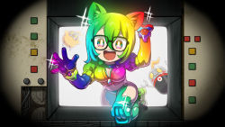 Rule 34 | 1girl, :d, absurdres, alternate color, android, animal ears, black-framed eyewear, breasts, chaki (teasets), commentary request, glasses, gloves, highres, hololive, large breasts, looking at viewer, mask, mechanical legs, multicolored eyes, multicolored hair, open mouth, rainbow eyes, rainbow hair, roboco-san, roboco-san (1st costume), robosaa (roboco), robot, short hair, smile, sparkle, through medium, through screen, virtual youtuber
