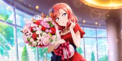 Rule 34 | 1girl, :o, artist name, artist request, blue flower, blue ribbon, blush, bouquet, breasts, collarbone, dress, female focus, flower, front ribbon, hair between eyes, hair flower, hair ornament, highres, holding, holding bouquet, holding flower, indoors, jewelry, looking at viewer, love live!, love live! school idol festival, love live! school idol festival all stars, love live! school idol project, necklace, nishikino maki, parted lips, pearl necklace, playing with own hair, purple eyes, red dress, red flower, red hair, red skirt, ribbon, short hair, short sleeves, skirt, small breasts, smile, solo, sparkle
