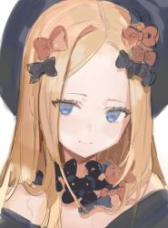 Rule 34 | 1girl, abigail williams (fate), absurdres, beret, black bow, black hat, blue eyes, blush, bow, closed mouth, eyelashes, fate/grand order, fate (series), forehead, freng, hair bow, hat, highres, long hair, multiple hair bows, orange bow, portrait, simple background, sketch, solo, white background