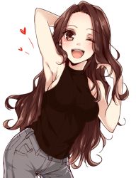 Rule 34 | 1girl, ;d, arm behind head, arm up, armpits, black sweater, blush, breasts, brown eyes, brown hair, commentary request, contrapposto, cowboy shot, earrings, forehead, grey pants, heart, jewelry, long hair, looking at viewer, medium breasts, one eye closed, open mouth, original, pants, round teeth, sideboob, simple background, sleeveless, smile, solo, sweater, teeth, upper teeth only, very long hair, white background, yamasuta
