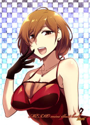 Rule 34 | 1girl, bare shoulders, black gloves, breasts, brown hair, caffein, cleavage, dress, gloves, looking at viewer, meiko (vocaloid), open mouth, short hair, smile, solo, vocaloid