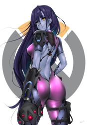 Rule 34 | 1girl, alternate hairstyle, ass, back, back tattoo, bodysuit, breasts, breasts out, cowboy shot, glowing, hair down, highres, long hair, looking at viewer, looking back, overwatch, overwatch 1, parted lips, purple hair, solo, spider tattoo, tattoo, tony guisado, very long hair, visor, widowmaker (overwatch), yellow eyes