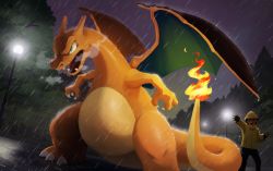 Rule 34 | 1boy, black gloves, black pants, breath, charizard, claws, coat, commentary request, creatures (company), fangs, fingerless gloves, fire, fire, flame-tipped tail, game freak, gen 1 pokemon, gloves, hood, hood up, lamppost, long sleeves, male focus, night, nintendo, open mouth, outdoors, outstretched arm, pants, pokemon, pokemon (creature), rain, rainbow, sky, standing, tongue, tree, uninori, yellow coat