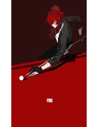 Rule 34 | 1boy, 7wata himori, absurdres, ball, billiard ball, black gloves, black shirt, closed mouth, cue stick, diluc (genshin impact), genshin impact, gloves, high ponytail, highres, long sleeves, looking at viewer, male focus, partially fingerless gloves, red background, red eyes, red hair, red theme, shirt, solo, upper body, vest, white vest