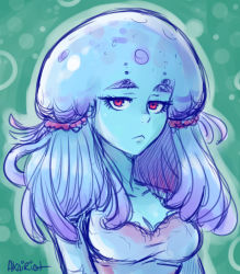 Rule 34 | 1girl, :&lt;, akairiot, bad id, bad tumblr id, blue hair, blue skin, breasts, bubble, cleavage, colored skin, gradient background, green background, jellyfish, jellyfish girl, looking at viewer, low twintails, medium breasts, monster girl, original, personification, pink eyes, pout, red eyes, signature, sketch, solo, tentacle hair, tentacles, twintails, underwater, upper body