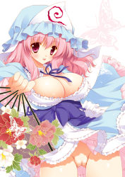 Rule 34 | 1girl, breasts, bug, butterfly, cleavage, hand fan, female focus, flower, folding fan, frills, hat, bug, japanese clothes, large breasts, no panties, pink eyes, pink hair, pussy, saigyouji yuyuko, shigunyan, short hair, solo, tongue, touhou, uncensored
