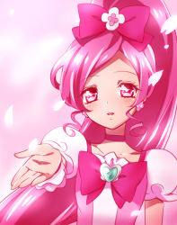 Rule 34 | 10s, 1girl, blush, bow, brooch, choker, cure blossom, flower, hair bow, hair flower, hair ornament, hanasaki tsubomi, heart, heart brooch, heartcatch precure!, jewelry, kagami chihiro, long hair, looking at viewer, magical girl, outstretched hand, parted lips, petals, pink background, pink bow, pink choker, pink eyes, pink hair, pink theme, ponytail, precure, puffy sleeves, solo, upper body